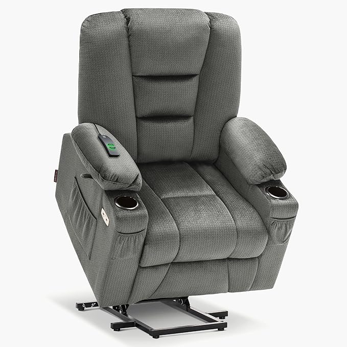 MCombo Power Lift Recliner Chair with Massage and Heat for Elderly People, Cup Holders, USB Ports, Side Pockets, Fabric 7529 (Medium, Grey)
