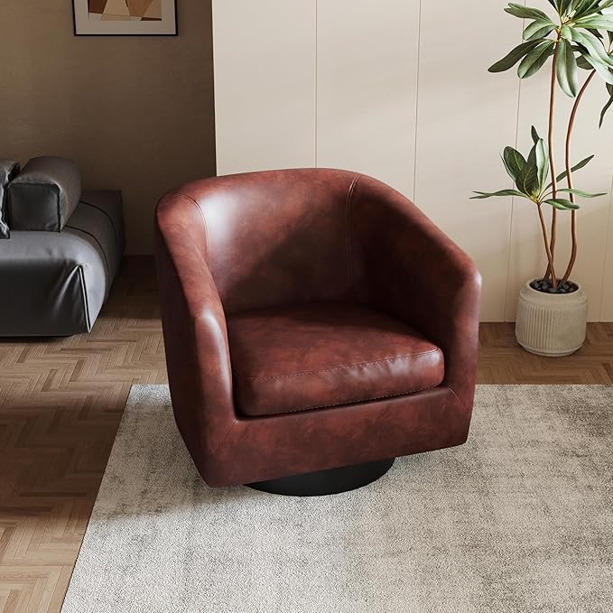 Lumibee Swivel Accent Chair, Faux Leather Swivel Barrel Chair for Living Room, Modern Comfy Upholstered Round Armchair Single Sofa Chair for Bedroom, Club-Red Brown