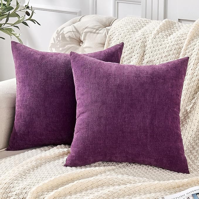 GAWAMAY Decorative Square Throw Pillow Covers 22x22 Inch Set of 2, Super Soft Chenille Pillows Farmhouse Fall Pillowcase for Living Room Bedroom Sofa Couch Cushion Cover Purple 55x55cm (No Insert)