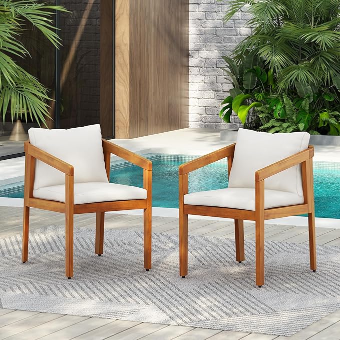 Christopher Knight Home Lucid Set of 2 Outdoor Dining Chair, Acacia Wood Frame Dining Chairs, Accent Chair Set with Comfortable Cushions, Patio Armchair for Backyard Poolside Garden, Natural + Beige