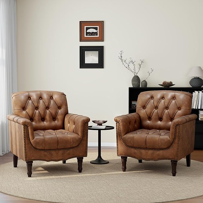 UIXE Faux Leather Accent Chairs Set of 2, Comfy Club Chair Upholstered Armchair for Living Room, Button Tufted Arm Chair Retro Single Sofa Side Reding Seat for Bedroom - Brown