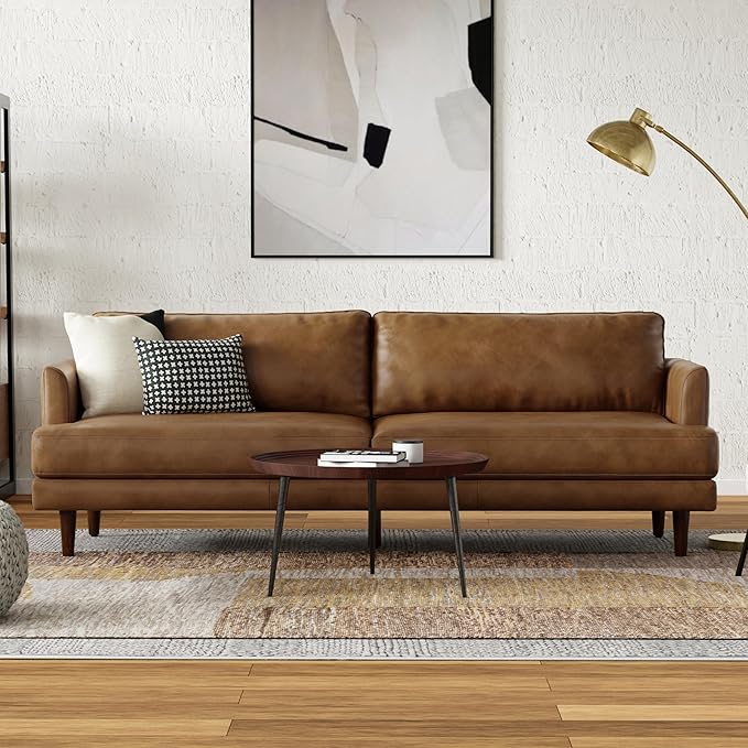 SIMPLIHOME Livingston 90-inch Wide Sofa in Caramel Brown Top Grain Genuine Leather, Handcrafted Mid-Century Modern Couch for Living Room, Large 3-Seater with Feather-Wrapped Cushions