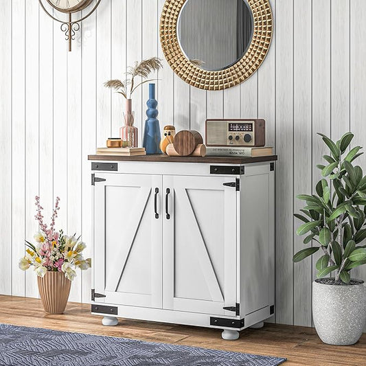 HOMCOM Modern Sideboard, Buffet Cabinet with Barn Door and Adjustable Shelf, Kitchen Pantry Cabinet, Distressed White and Brown