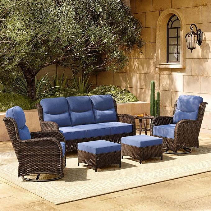 HILLGA Luxury Patio Furniture Set with 6-inch Thick Cushion, Outdoor Couch and High Back Swivel Rocker Patio Chairs, 6PCS Wicker Conversation Set for Deck Yard and Poolside, Blue (V2)