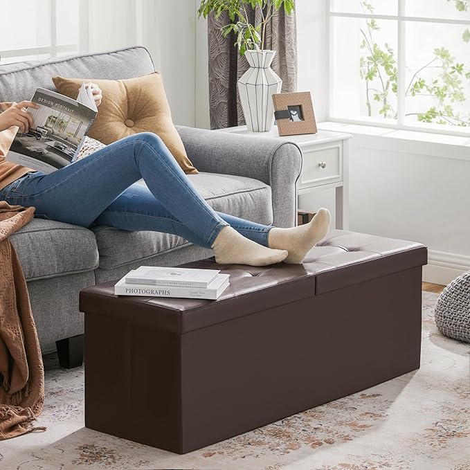 SONGMICS MAZIE Collection - 43 Inches Storage Ottoman Bench with Flipping Lid, Storage Chest with Iron Frame Support, Load 660 lb, for Living Room, Bedroom, Synthetic Leather, Brown ULSF75BR