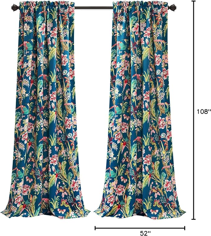 Lush Decor Dolores Light Filtering Window Panels, Pair, 52" W x 108" L, Navy & Multi - Floral Curtains for Bedroom - Vintage Curtains - Coquette Room Decor