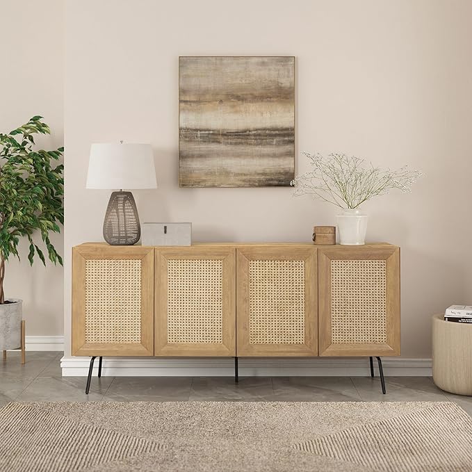 NTC MOSSIC Modern Sideboard with 4 Doors, Natural Rattan Storage Cabinet, Buffet with Metal Legs, Boho Accent Cabinet for Living Room, and Entryway, Effortless Assembly, Sand