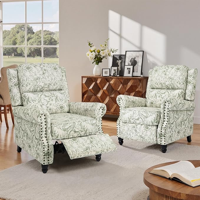 Lumibee Recliner Chairs Set of 2, Wingback Recliner Chairs for Living Room, Modern Upholstered Fabric Pushback Armchairs with Adjustable Backrest & Footrest for Small Spaces,Bedroom-Rococo Green
