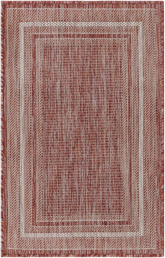Unique Loom Outdoor Border Collection Area Rug - Soft Border (2' x 3' 1" Rectangle, Rust Red/ Ivory)
