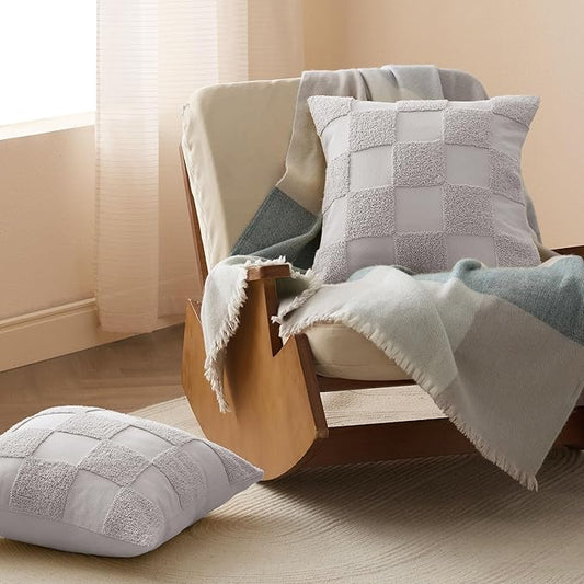 Double Stitch Checkered Throw Pillow Covers - 100% Cotton Set of 2 Tufted Boho Decorative Pillow Covers 20x20, Made in India, Square Cushion Case, Modern Home Decor for Couch, Sofa, Winter Sky