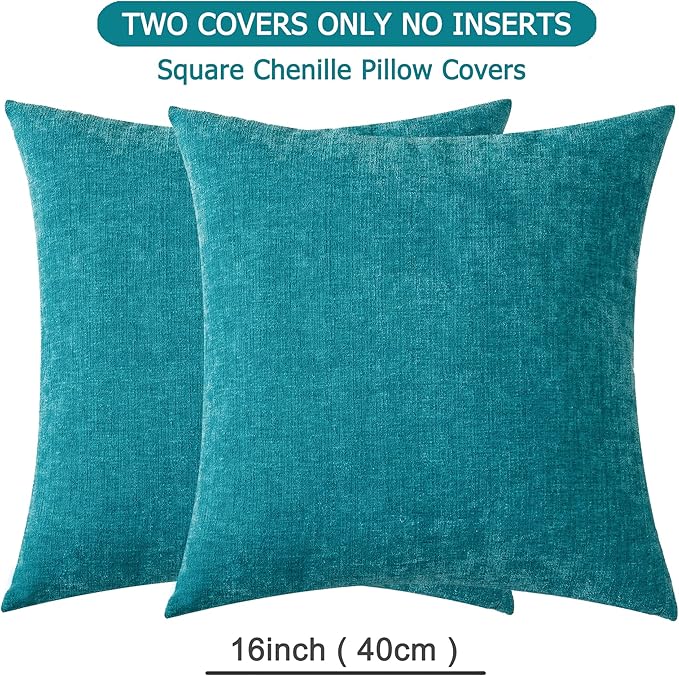 GAWAMAY Decorative Square 16x16 Inch Throw Pillow Covers Set of 2, Super Soft Chenille Pillows Farmhouse Fall Pillowcase for Living Room Bedroom Sofa Couch Cushion Cover Teal 40x40cm (No Insert)