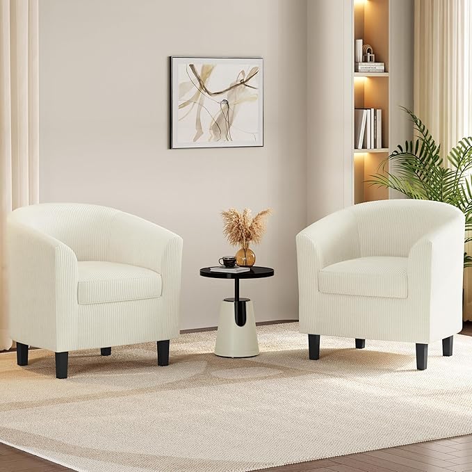 Yaheetech Corduroy Barrel Chairs Set of 2, Upholstered Club Chairs, Round Armchairs Waiting Room Chairs with Soft Cushion for Living Room Bedroom Reading Room, Beige