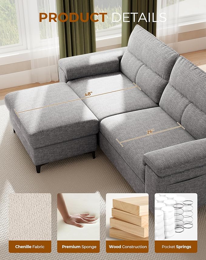 88.97" L Shaped Sectional Couches for Living Room, Deep Seat Sofa with Storage Ottoman & 8”Cushion, Comfy 2-Seater Chenille Loveseat, Convertible Armrest, Removable Cover for Small Space(Light Gray)