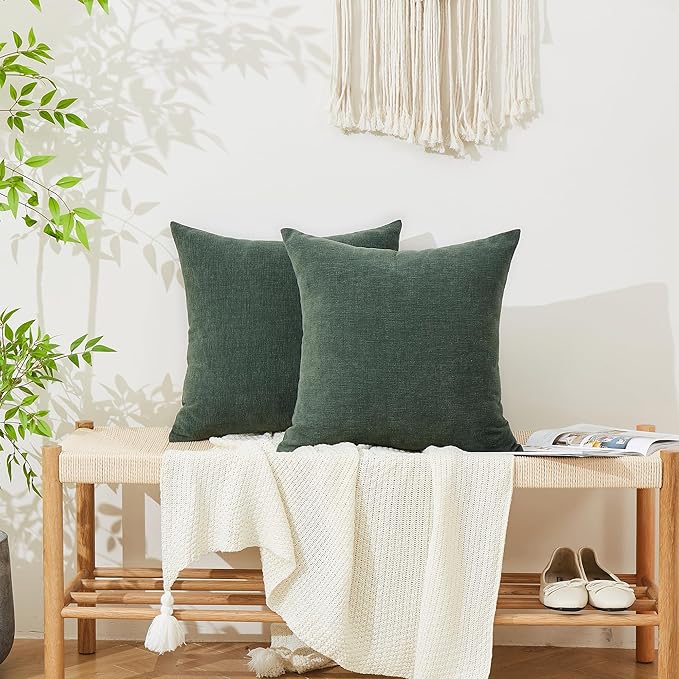 GAWAMAY Decorative Square Throw Pillow Covers 18"x18" Inch Set of 2, Super Soft Chenille Pillows Cover Pillowcase for Living Room Bedroom Sofa Couch Cushion Cover Dark Green 45x45cm (No Insert)