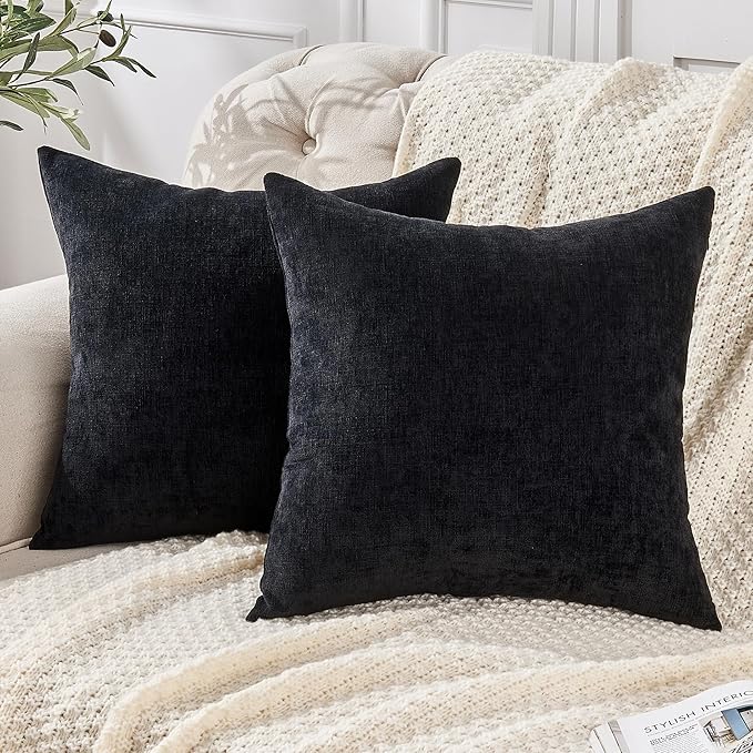 GAWAMAY Decorative Square Throw Pillow Covers 22"x22" Inch Set of 2, Super Soft Chenille Pillows Farmhouse Fall Pillowcase for Living Room Bedroom Sofa Couch Cushion Cover Black 55x55cm (No Insert)