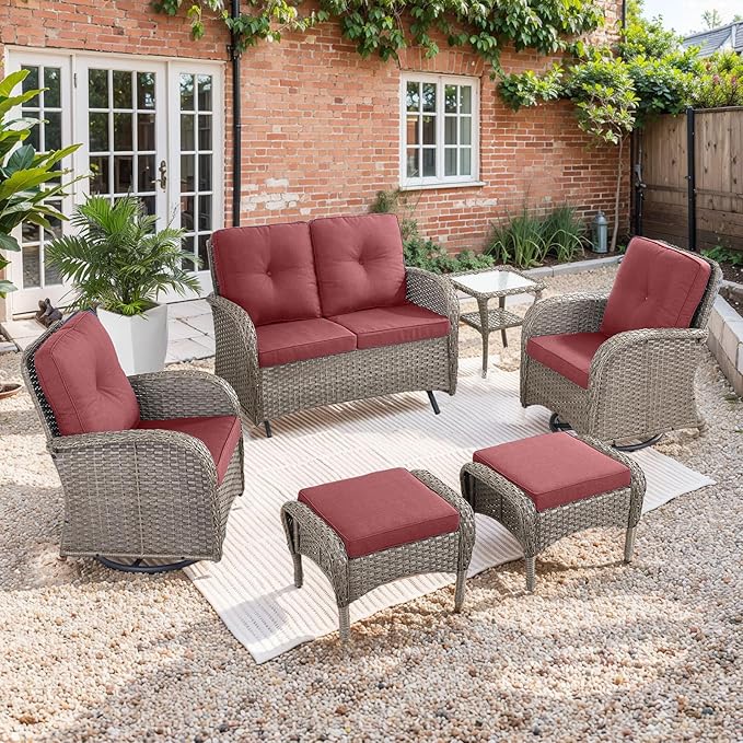 HUMMUH 6 Pieces Patio Furniture Set-Patio Glider Loveseat with Rattan Outdoor Swivel Chairs Outdoor Conversation Furniture Sets for Deck Lawn Porch Balcony Poolside-Grey/Red