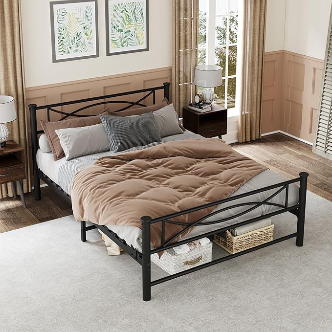 Metal Full Single Bed Frame with Storage Space, 74.8" in Steel Bed Frame with Protective Foot Pads, Strong Bearing Capacity Full Size Bed, Easy Assembly, Underbed Storage Space(35.4 inch)
