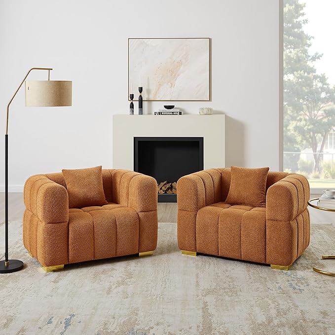 VANOMi Oversized Accent Chairs Set of 2, Boucle Arm Chair with Deep Seat, Oversized Comfy Reading Chair for Living Room, Bedroom, Office, Apartment,Curry (2 Piece)
