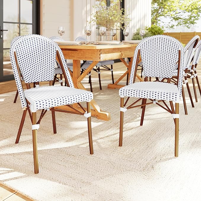 Martha Stewart Lily Pond Indoor-Outdoor Stackable Aluminum Bistro Chair with Natural Woodgrain Frame Finish and White/Navy Woven Rattan Backrest and Seat