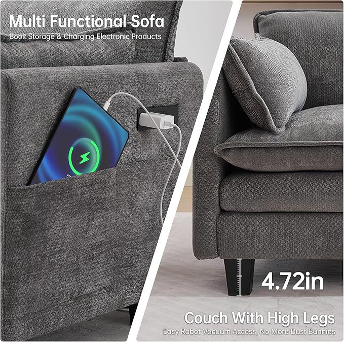 108" Modern L-Shaped Sectional Sofa with USB & Type-c Port Charger, Modular Cloud Couch, Deep Seating Chenille Fabric 4-Seater with Ottoman and Pillows for Living Room (Grey)