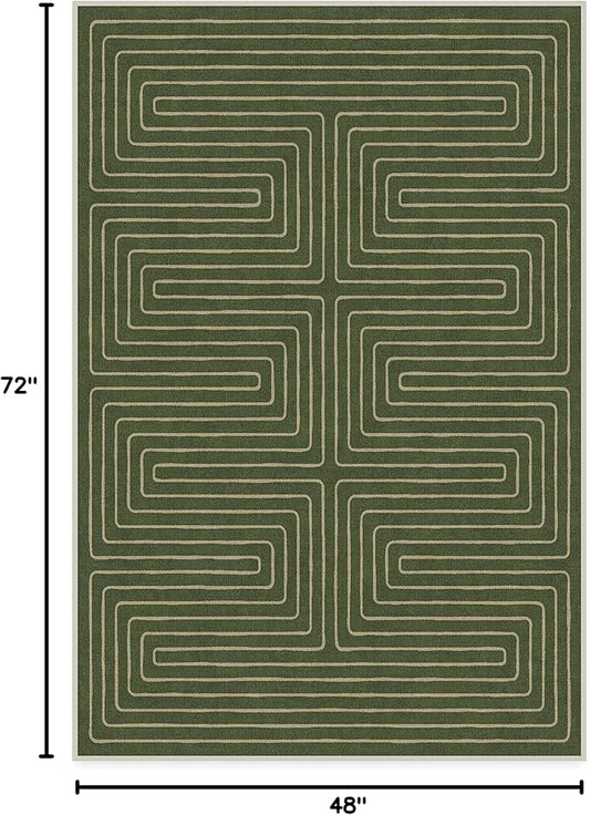 RUGGABLE x Jonathan Adler Machine Washable Modern Area Rug – Labyrinth Fern Green 4x6, Stain-Resistant, Non-Slip – Medium Rugs for Living Room, Bedroom, Hallway, Entryway & Office–with Cushioned Pad