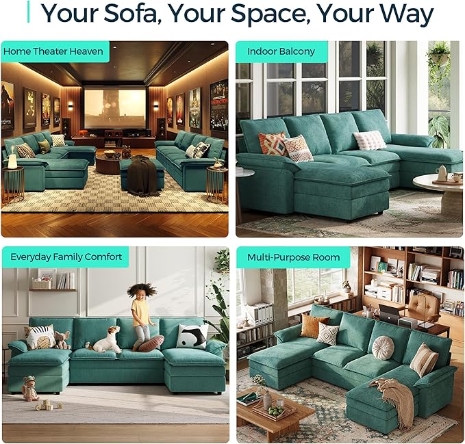 LINSY HOME Sleeper Sofa Bed, 115" Modular Sectional Sofa Bed with Double Layer Cushious, Comfy Cloud Sofa Couches for Living Room, Apartment, Home Theater, Green