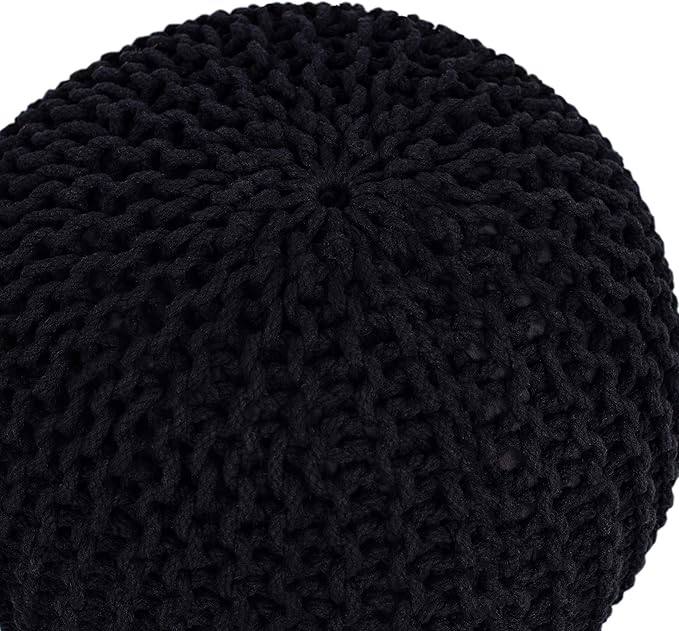BIRDROCK HOME Round Pouf Ottoman | Cotton Braided Foot Stool with Bean Bag Filling | Boho Foot Rest for Living Room & Bedroom | Compact & Comfortable Seating, Lightweight & Soft | Black