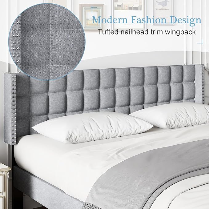 VECELO Headboard King Size, Linen Upholstered Headboards Only with Nailhead Trim Wingback, Square Stitched Design, Adjustable Height from 40" to 49.8", Light Grey