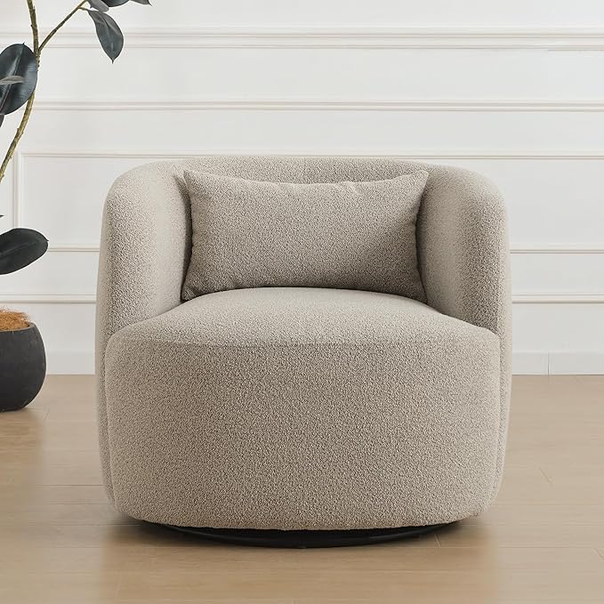 KINWELL 34" Wide Sherpa Swivel Barrel Chair, No Assembly Round Boucle Upholstered Accent Chair Armchair Single Sofa Chair with Toss Pillow for Living Room and Bedroom, Taupe