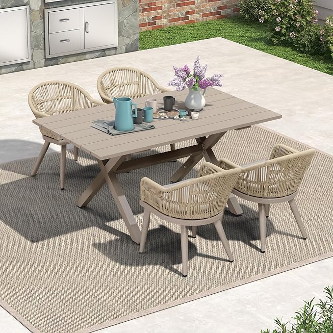 PURPLE LEAF 5 Pieces Patio Dining Set with Outdoor Aluminium Dining Table and Woven Chairs Modern Metal Furniture Cushions Sets for Garden Yard Indoor Decor Kitchen Champagne