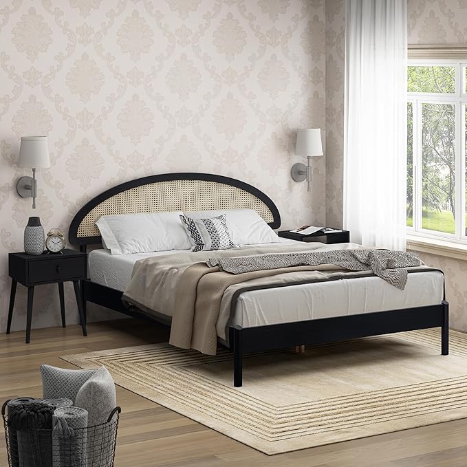 NTC Gem Wooden Bed Frame with Headboard and Natural Rattan, Solid Oak Foundation with Silent Slats, 1000 Lb Capacity, Effortless Assembly, Queen - Burnt Black