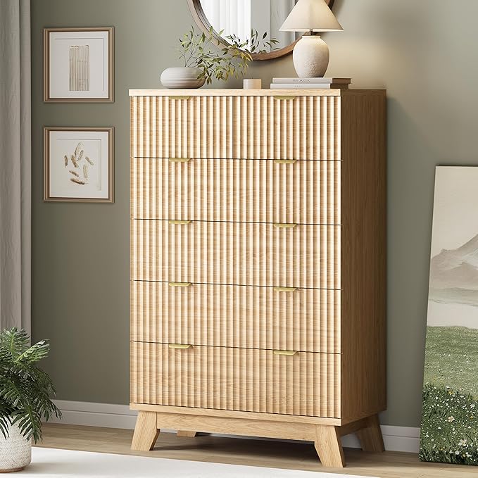 Fluted Dresser for Bedroom with 6 Drawers, 46" Tall Modern Chest of Drawers with Metal Handle, Wooden Dresser TV Stand, Wood Closet Clothes Storage Organizer for Living Room, Hallway, Natural Oak