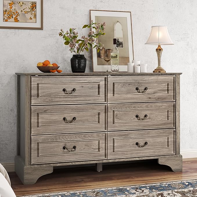 Farmhouse 6 Drawers Dresser for Bedroom, 47'' Wide Rustic chests of Drawers with Natural Texture, Wood Dresser Vintage Design, Storage Dressers Organizer, Grey