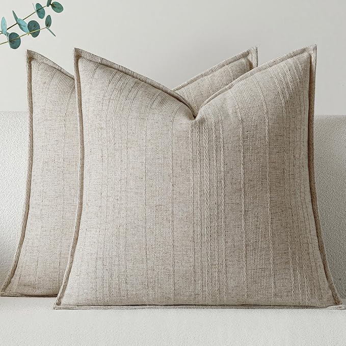 a moment Linen Pillow Covers Set of 2,Boho Farmhouse Throw Pillowcases Neutral Textured Decorative Covers for Couch Sofa, Soft Linen Blend Accent Case Cushion Living Room Home Decor 26"x26"Khaki