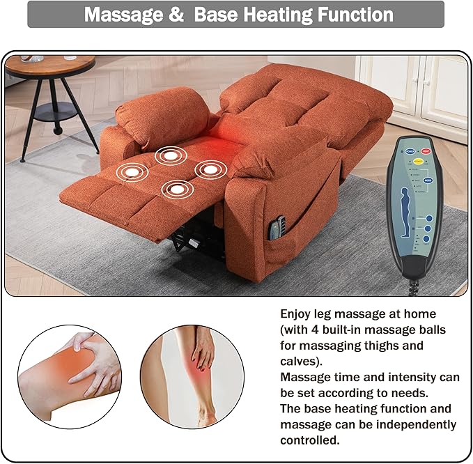 4 OKIN Motor Power Lay Flat Lift Recliner Chair for Elderly Adults Extra Large Recliners with Massage Heat, Adjustable Head-Back-Lumbar-Leg-Support, Extended Footrest, 2 Cup Holders