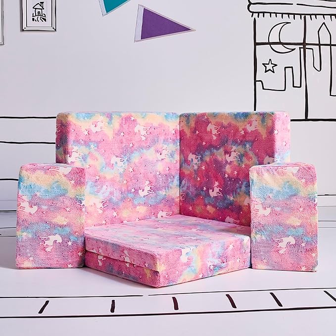 YOURIGAMI Kids and Toddler Play Couch, Convertible Folding Sofa, Durable Foam Modular Design, Glow in The Dark Unicorn