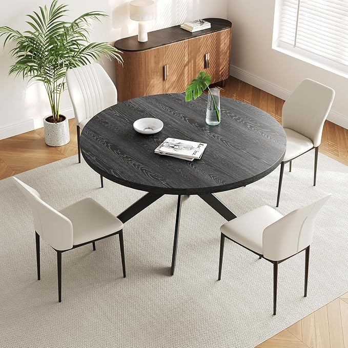 45.3" Round Dining Table & 4 PU Leather Chairs, Mid Century Modern Round Dining Table Chair Set for 4, w/Metal Legs, for Kitchen Dining Room, Living Room, Office, Save Space