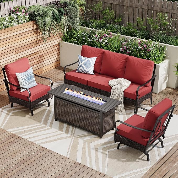 Patio Furniture Set with 56" Fire Pit Table, Premium Outdoor Wicker Metal Frame Furniture with Upgraded Waterproof Thick Cushions for Porch, Poolside, Deck, and Yard (4 Pieces,Red