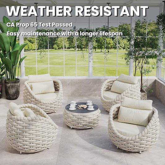 Woven Rope Patio Furniture Set: 5 Pieces Aluminum Outdoor Conversation Sofa Set All Weather - Cushioned Modern Deck Couch Set Assembled for 400lbs Front Porch Garden Lanai Sunroom Hotel, Beige
