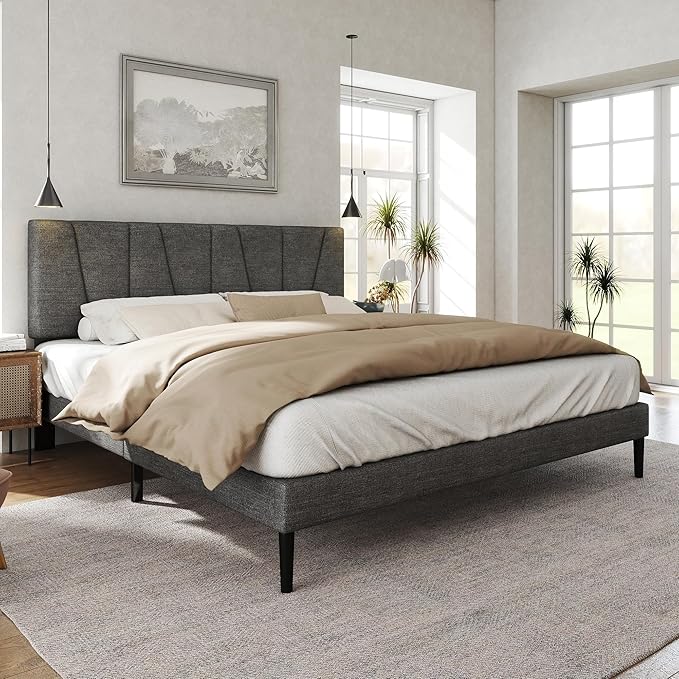King Size Bed Frame with Fabric Upholstered Headboard, Platform Bed with Wooden Slats Support, Fully Mattress Foundation, Box Spring Optional, Easy Assembly