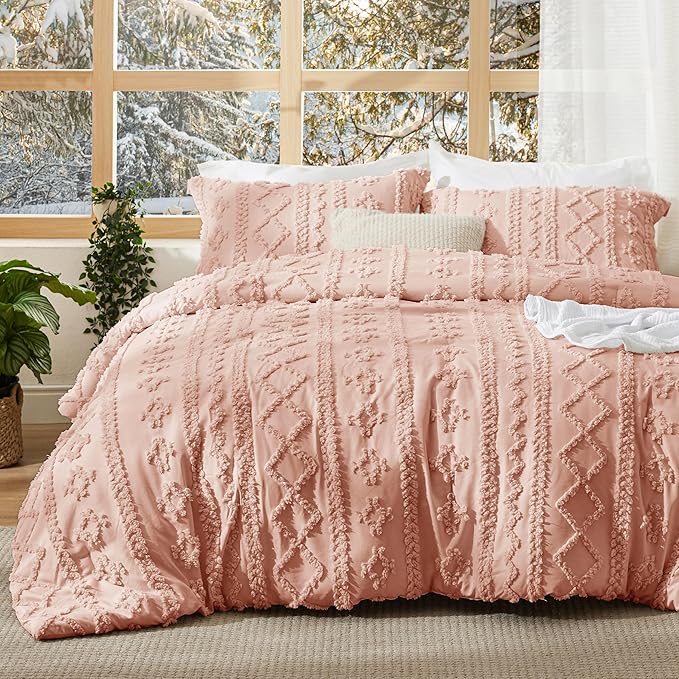 Bedsure Tufted Boho Comforter Set Twin Size - Light Pink Boho Bed Set, GentleSoft™ 2 Pieces Farmhouse Shabby Chic Embroidery Bedding, Gifts for Woman, Soft Jacquard Twin Comforter for All Seasons