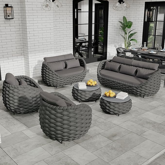 Patio Conversation Deck Furniture Sets: 6-Piece Aluminum Woven Rope Outdoor Sofa Set - Modern Cushions Couch Set - No Assembly Metal Porch Seating for Deck Yard Garden Hotel Resort, Dark Grey