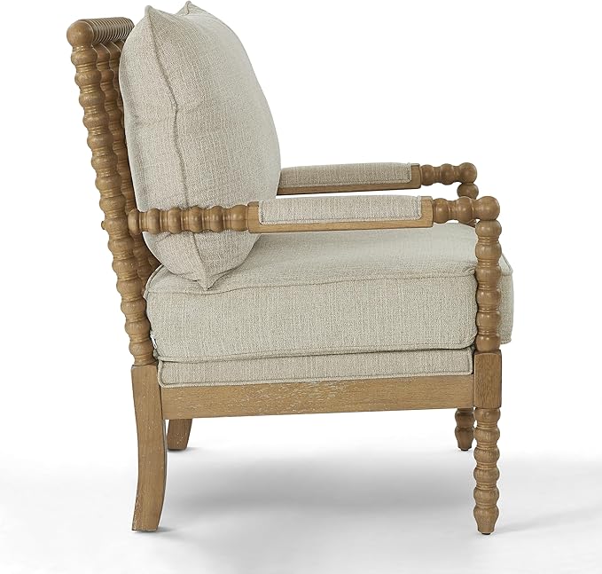 Morden Fort Linen Fabric Spindle Accent Chair with Wood Frame, French Style Accent Chairs with Padded Spring Seat and Armrest Pads, Brushed Base for Living Room Bedroom Farmhouse Office Balcony(Beige)