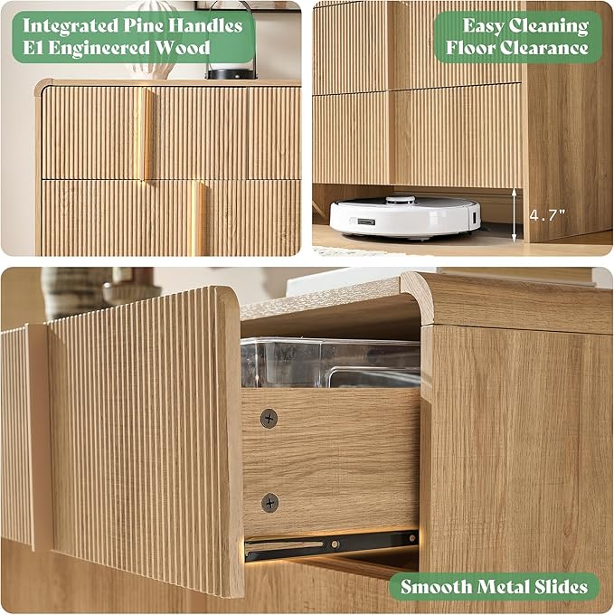 AMERLIFE 63" Fluted 7 Drawer Dresser, Long Modern Chest of Storage Drawers with Pine Handles, Rounded Corners & Anti-Tip Design, Wood Closet Organizer for Bedroom, Living Room, Nursery, Natural Oak