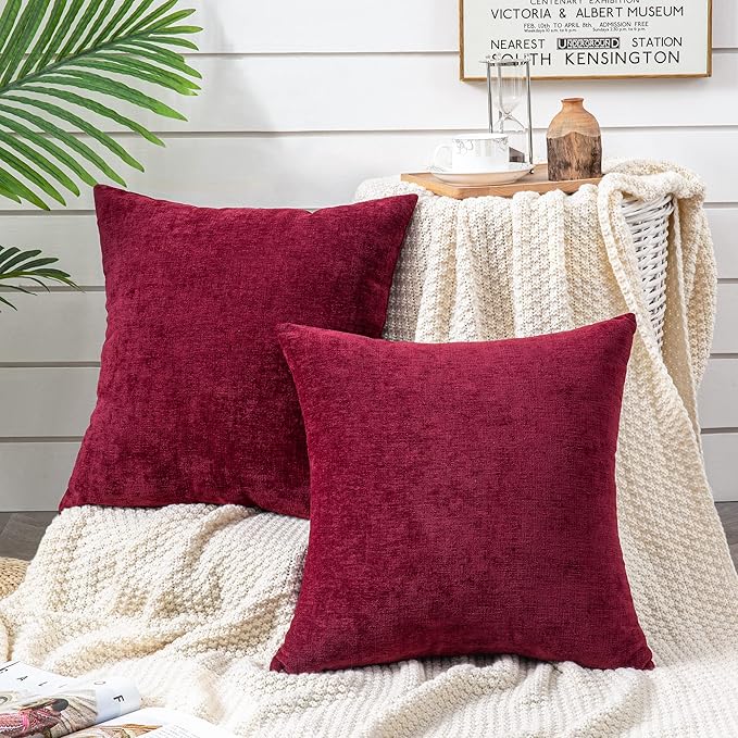 GAWAMAY Decorative Square Throw Pillow Covers 18"x18" Inch Set of 2, Super Soft Chenille Pillows Cover Fall Pillowcase for Living Room Bedroom Sofa Couch Cushion Cover Burgundy Red 45x45cm