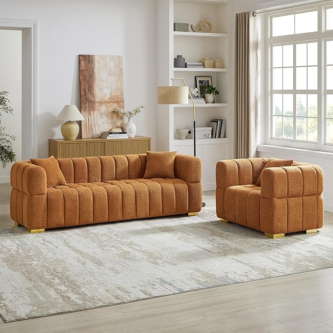 VANOMi Sofa and Chair Set, Modern Deep Seat Couch & Boucle Sofa Chairs, Oversized Upholstered Couch Sets for Living Room, Bedroom, Office, Apartment, Curry (2 Pieces)