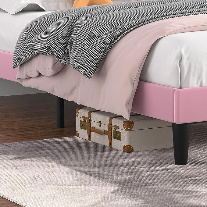 VECELO Queen Size Bed Frame with Upholstered Headboard, Velvet Platform Bedframe Mattress Foundation, Strong Wood Slat Support, No Box Spring Needed, Pink