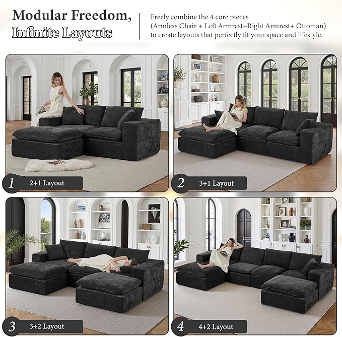 108" Sectional Couches for Living Room Boneless Couch Upholstered Cloud Couch Sectional Modular Sectional Sofa with L Shaped (Chenille-Black, 3 Seat+1 Ottoman)