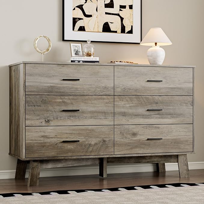 Dresser for Bedroom with 6-Drawer, 47.2" Modern Chest of Drawers with Metal Handles, X-Shape Base & Adjustable Center Leg, Anti-Tip Closet Organizers and Storage