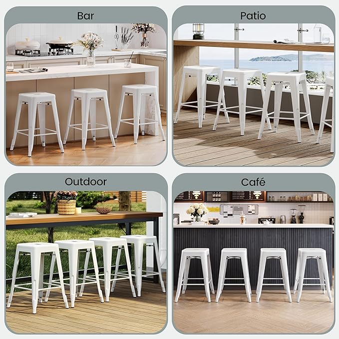 Yaheetech 24 Inch Metal Barstools Set of 4, Counter Height Backless Stools, Industrial Stackable Bar Chairs with Footrest for Kitchen/Dining Room/Bistro/Patio, White